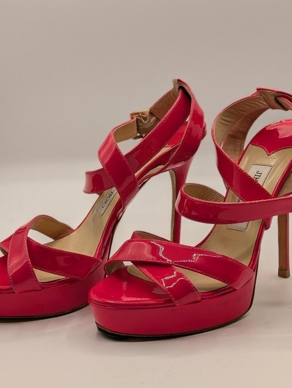 Jimmy Choo Vamp 37.5 Red Patent Leather Platform Strappy Stiletto Sandals Italy